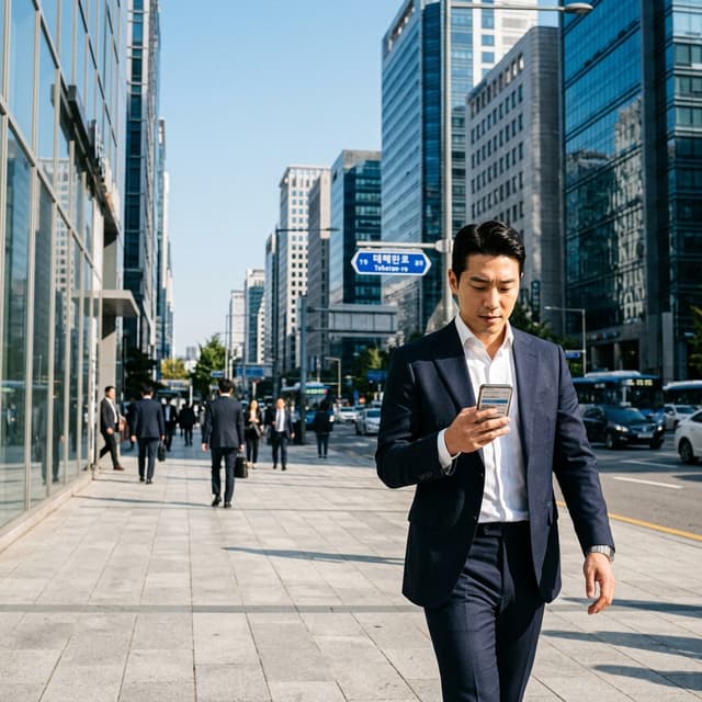 강남 테헤란로를 걸으며 스마트폰으로 공실뉴스를 열람하는 전문 남성 공인중개사